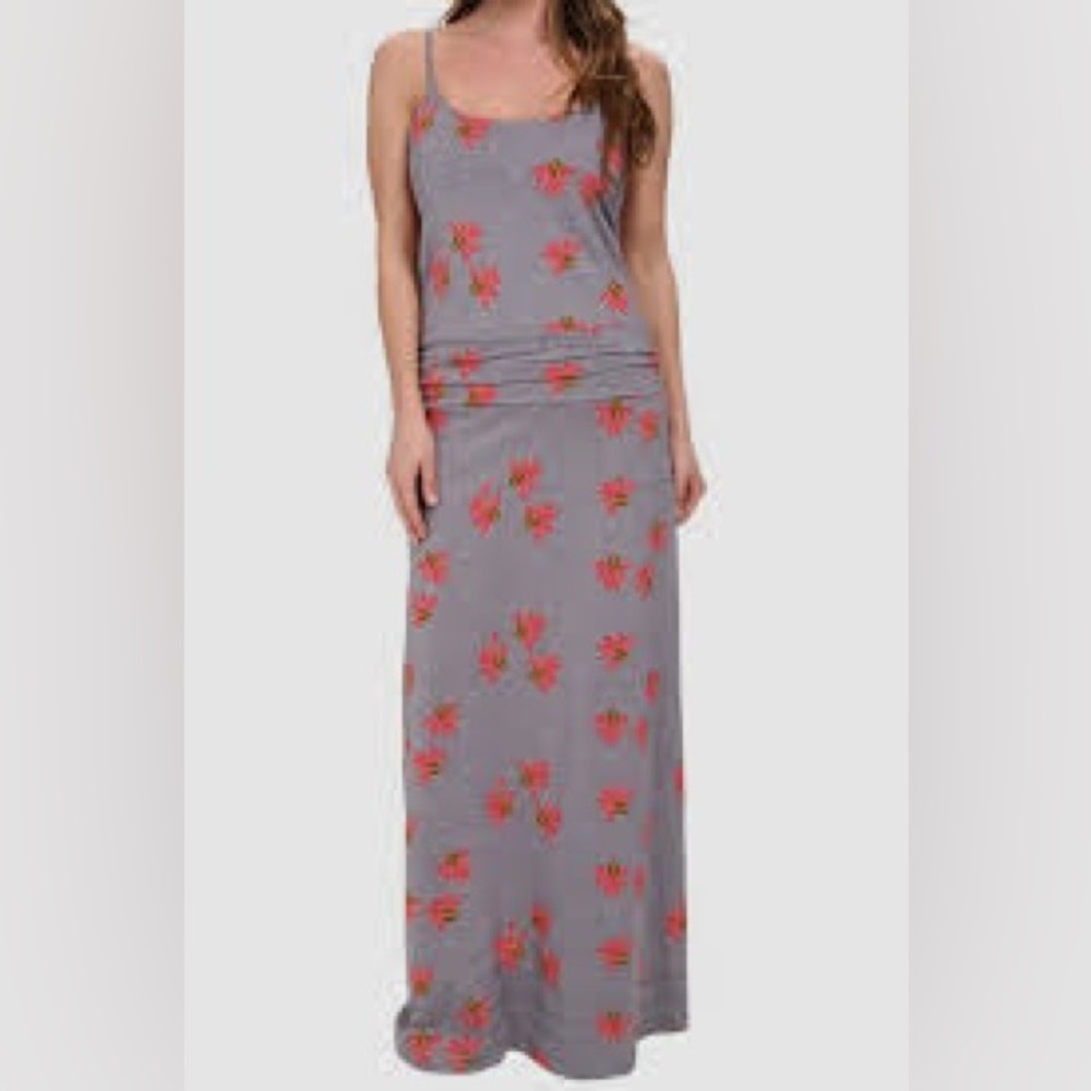 Horny Toad Gray Striped Maxi Dress with Red Floral Print